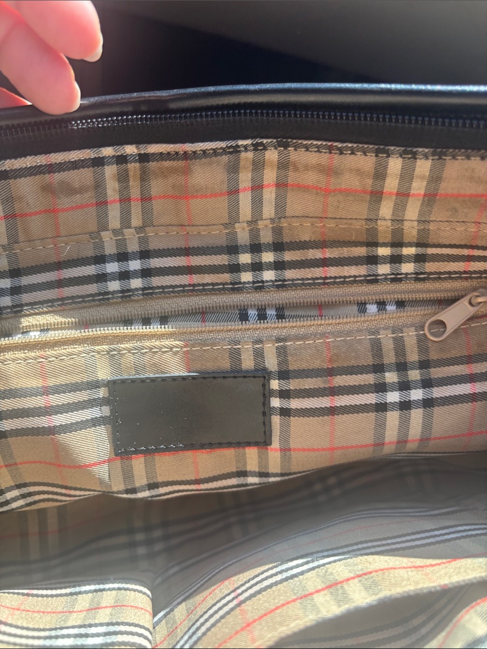 Burberry Tan Check Messenger Tote with Black Leather Trim - Picture 5 of 7